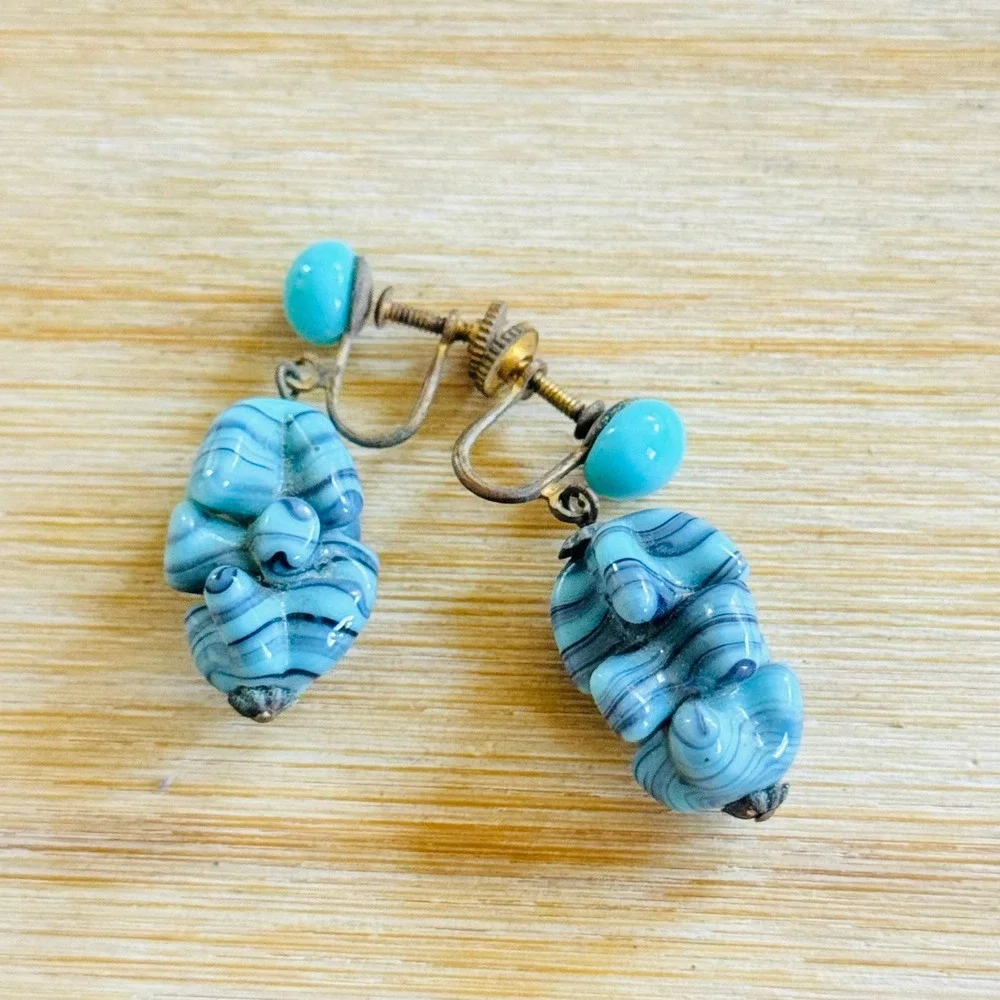 VTG Art Deco Screw Back Swirl Glass Earrings Blue Pastel Marbled Dangle Flapper